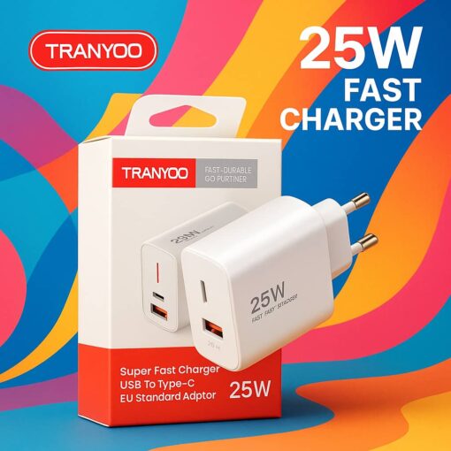 شارژر 25 وات ترانیو مدل T-EU6C دو پورت USB و TYPE C با کابل