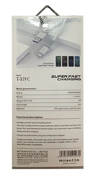 پشت جعبه کابل شارژ تایپ سی ترانیو مدل T-X19C
