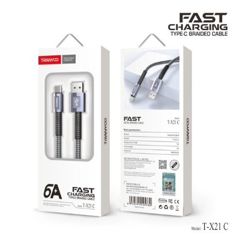 پشت و روی جعبه کابل شارژ تایپ سی ترانیو مدل T-X21C