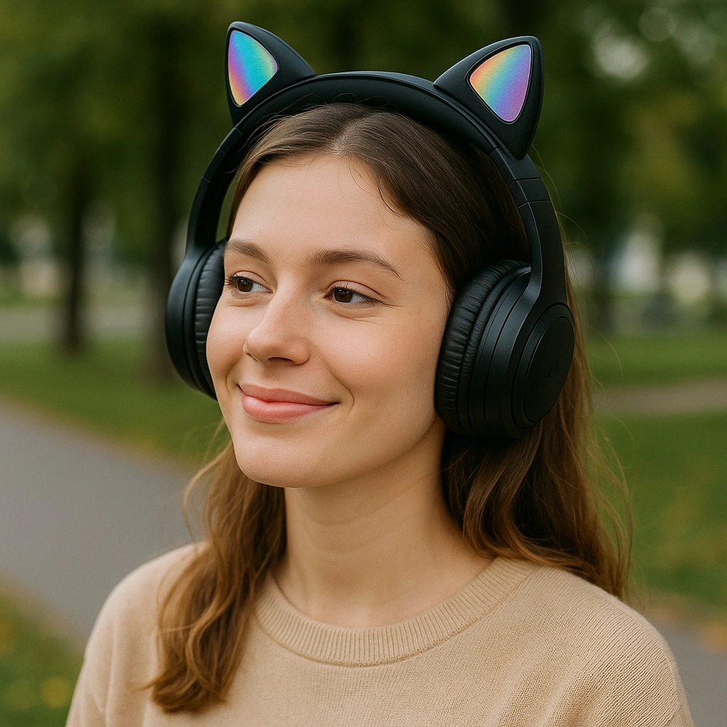 دختری با هدفون گربه ای در پارک