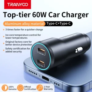 شارژ سه برابر سریع تر با شارژر فندکی 60 وات دو پورت ترانیو T-C24