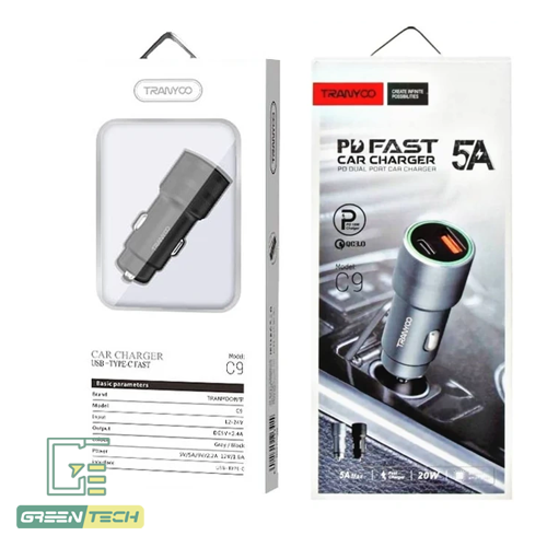 شارژر فندکی 20 وات دو پورت ترانیو مدل C9 با کابل Type C